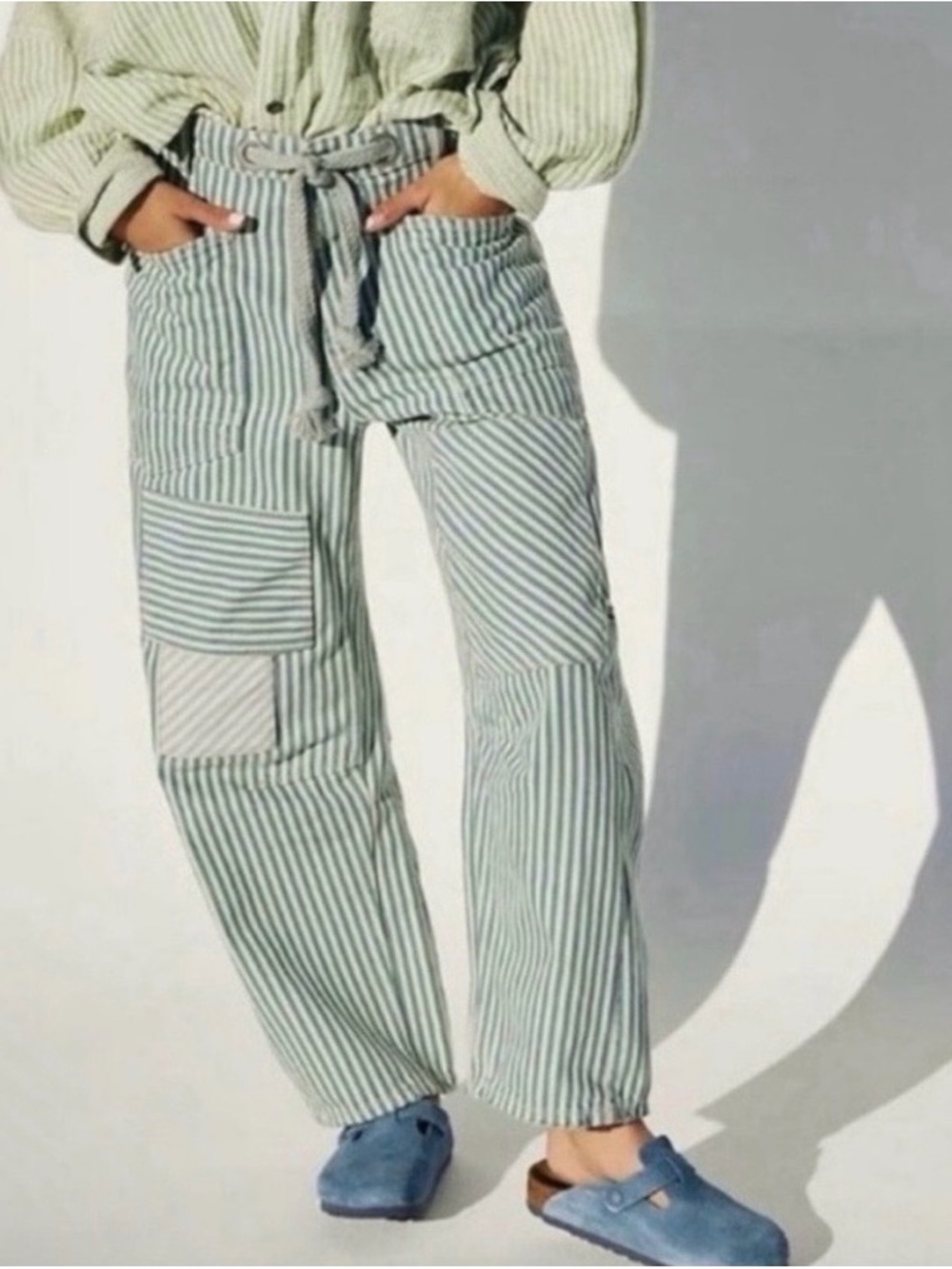 We the free Striped Cotton Cargo Pants - Sage Green- pull-on NWOT